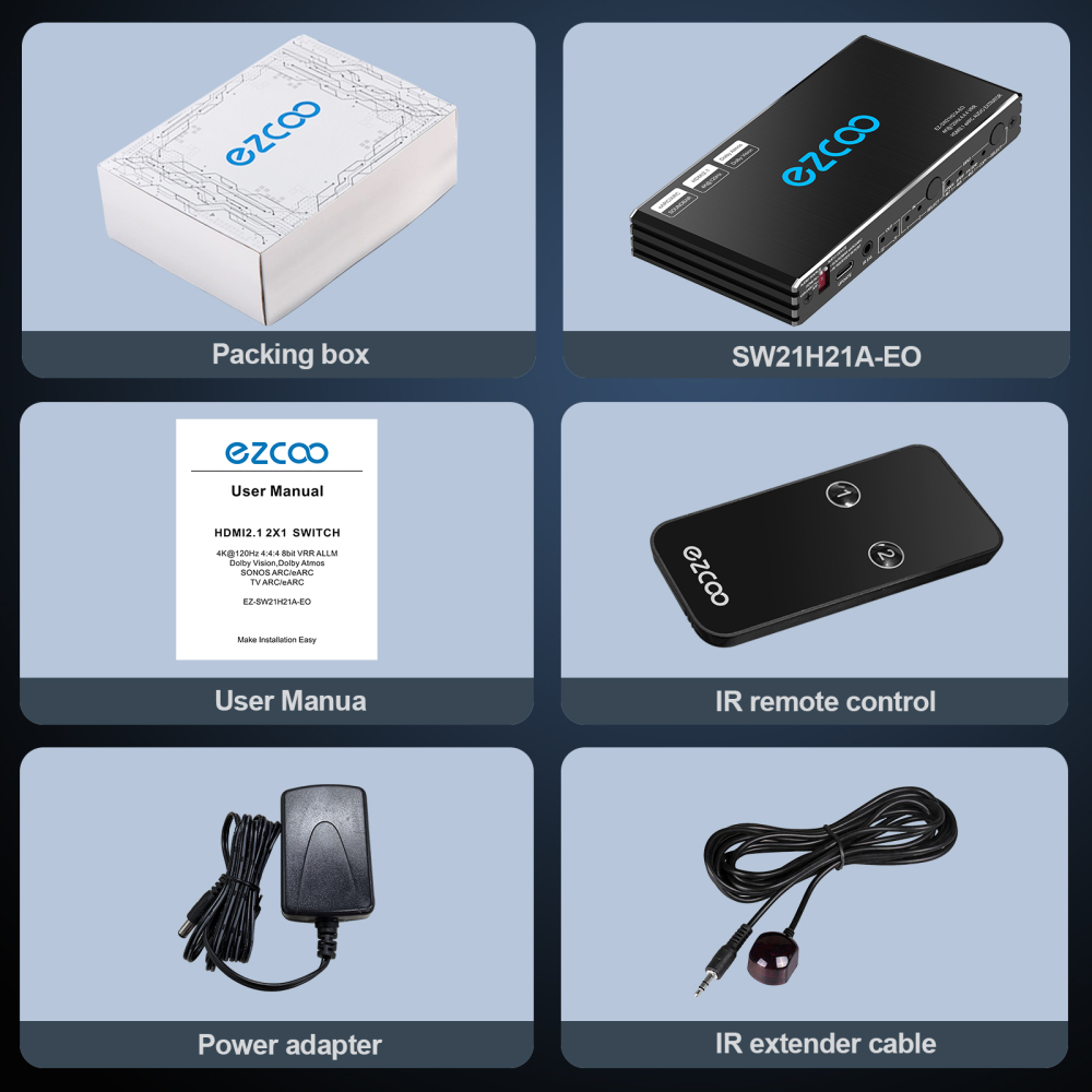 4K 120Hz HDMI 2.1 eARC Audio Extractor Switch 2x2 VRR ALLM HDCP2.3 ARC HDR10 CEC SPDIF Optical Audio Out HDMI Switcher 2 IN 2 OUT IR Remote D-olby Digital EDID for PS5 XBOX NVIDIA AMD
