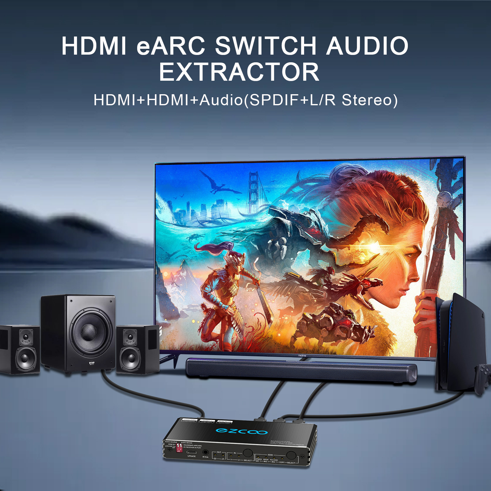 4K 120Hz HDMI 2.1 eARC Audio Extractor Switch 2x2 VRR ALLM HDCP2.3 ARC HDR10 CEC SPDIF Optical Audio Out HDMI Switcher 2 IN 2 OUT IR Remote D-olby Digital EDID for PS5 XBOX NVIDIA AMD