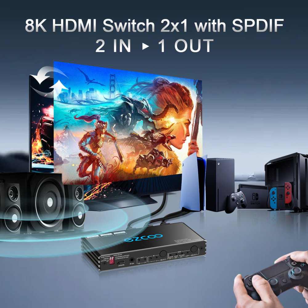 4K 120Hz HDMI 2.1 eARC Audio Extractor Switch 2x2 VRR ALLM HDCP2.3 ARC HDR10 CEC SPDIF Optical Audio Out HDMI Switcher 2 IN 2 OUT IR Remote D-olby Digital EDID for PS5 XBOX NVIDIA AMD