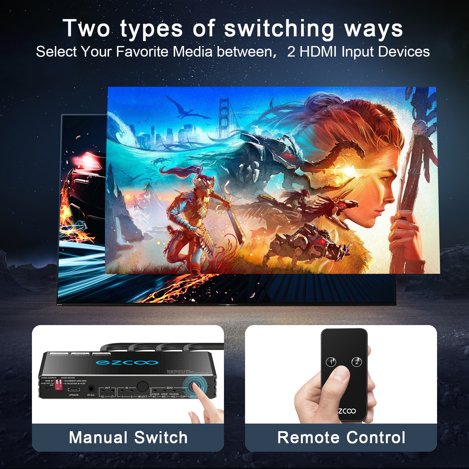 4K 120Hz HDMI 2.1 eARC Audio Extractor Switch 2x2 VRR ALLM HDCP2.3 ARC HDR10 CEC SPDIF Optical Audio Out HDMI Switcher 2 IN 2 OUT IR Remote D-olby Digital EDID for PS5 XBOX NVIDIA AMD