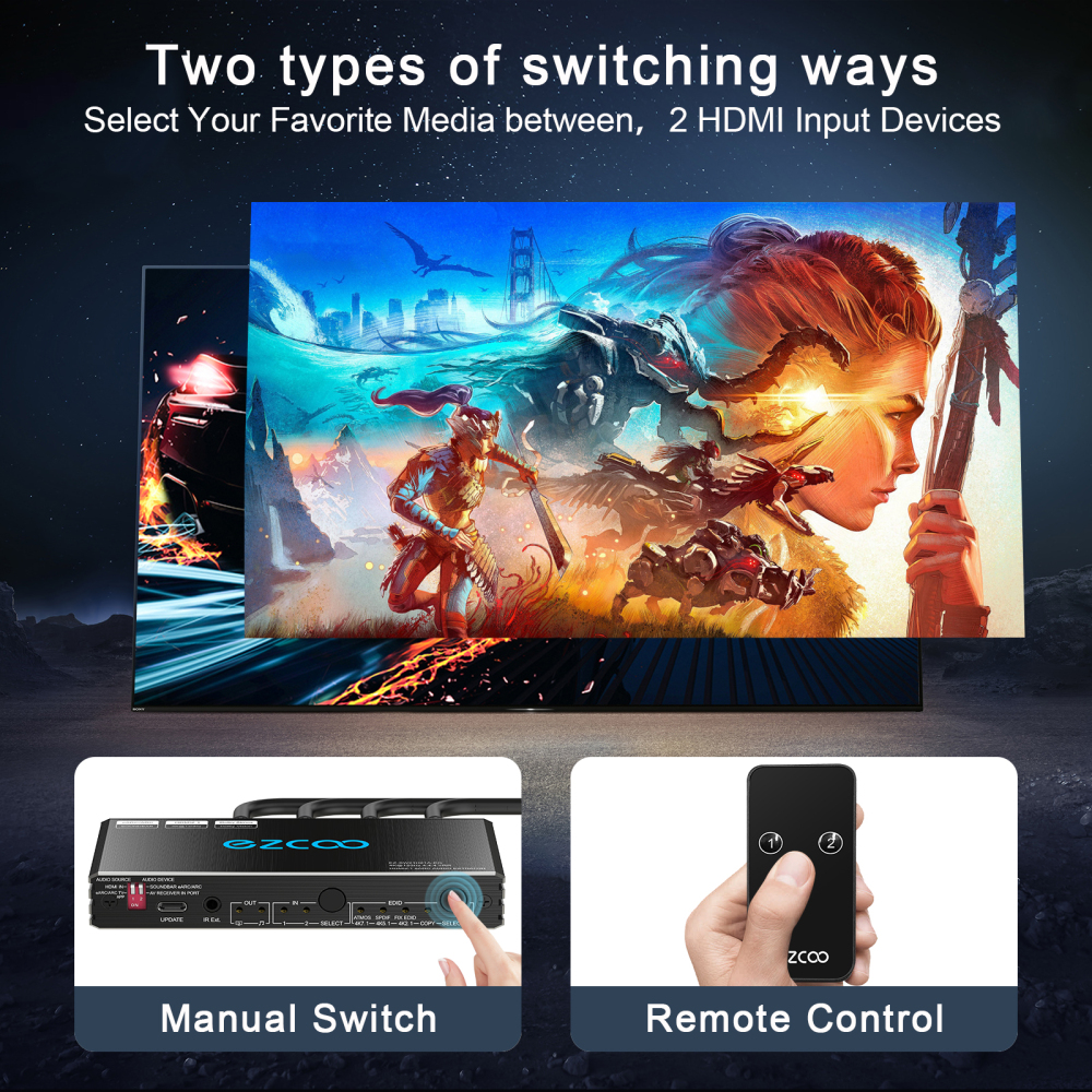 4K 120Hz HDMI 2.1 eARC Audio Extractor Switch 2x2 VRR ALLM HDCP2.3 ARC HDR10 CEC SPDIF Optical Audio Out HDMI Switcher 2 IN 2 OUT IR Remote D-olby Digital EDID for PS5 XBOX NVIDIA AMD