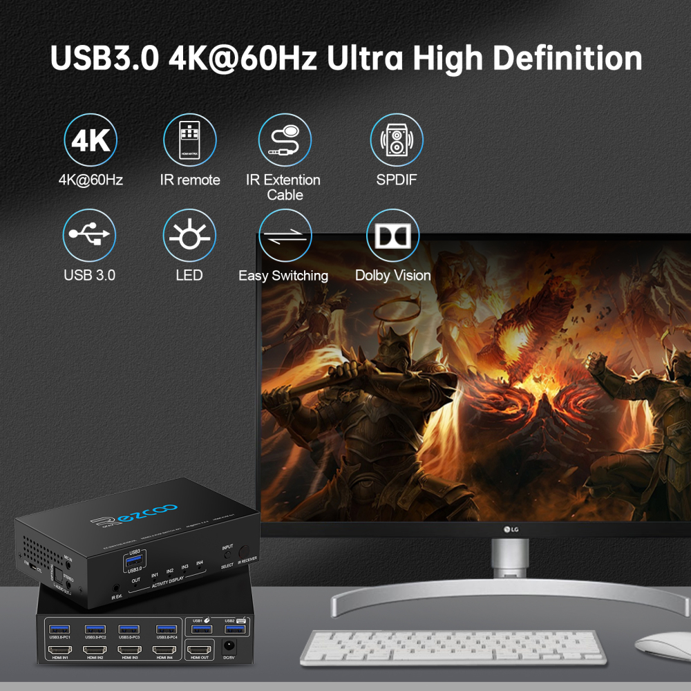 ROFAVEZCO  HDMI 2.0 Switch 4x1 with USB 3.0 KVM – 4-Port HDMI Switch for 4K60Hz HDR and Audio Breakout EZCOO