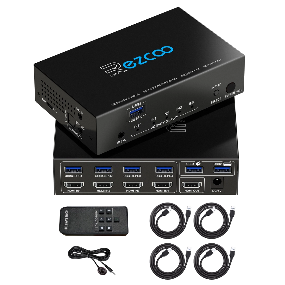 EZCOO HDMI Switch 4x1 with USB KVM – 4K60Hz 4:4:4 HDR