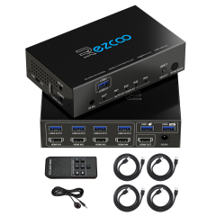 HDMI 2.0 KVM Switch 4x1 SPDIF L/R Audio Breakout for 4 PCs 1 Monitor with IR Remote, HDMI USB 3.0 KVM Switcher 4 IN 1 OUT 4K 60Hz HDR ezcoo