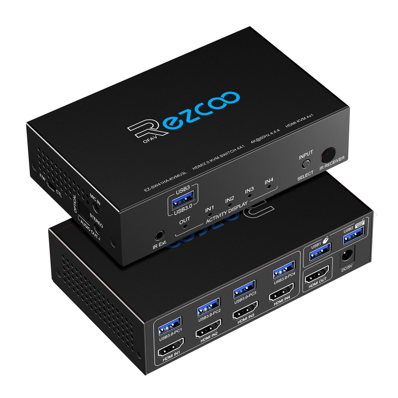 ROFAVEZCO  HDMI 2.0 Switch 4x1 with USB 3.0 KVM – 4-Port HDMI Switch for 4K60Hz HDR and Audio Breakout EZCOO