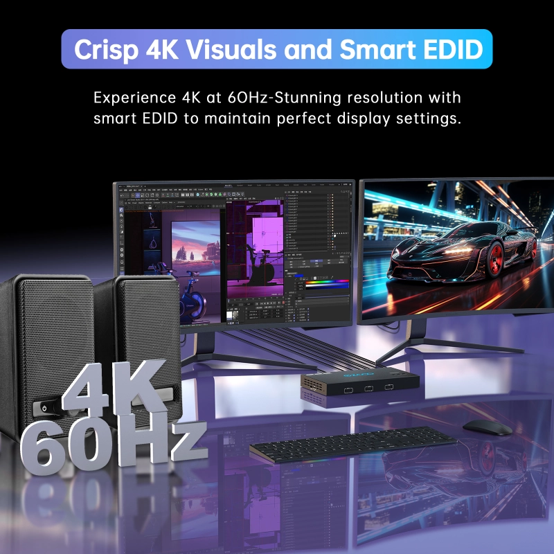 4K@60Hz HDMI KVM Switch USB 3.0 2 Monitors 2 Computers EDID Emulators,Dual Monitor KVM Switch for 2PC Share 2 Displays and 4 USB 3.0 Ports SPDIF L/R Audio,Copy/Extended Mode,2USB Cable and Controller.