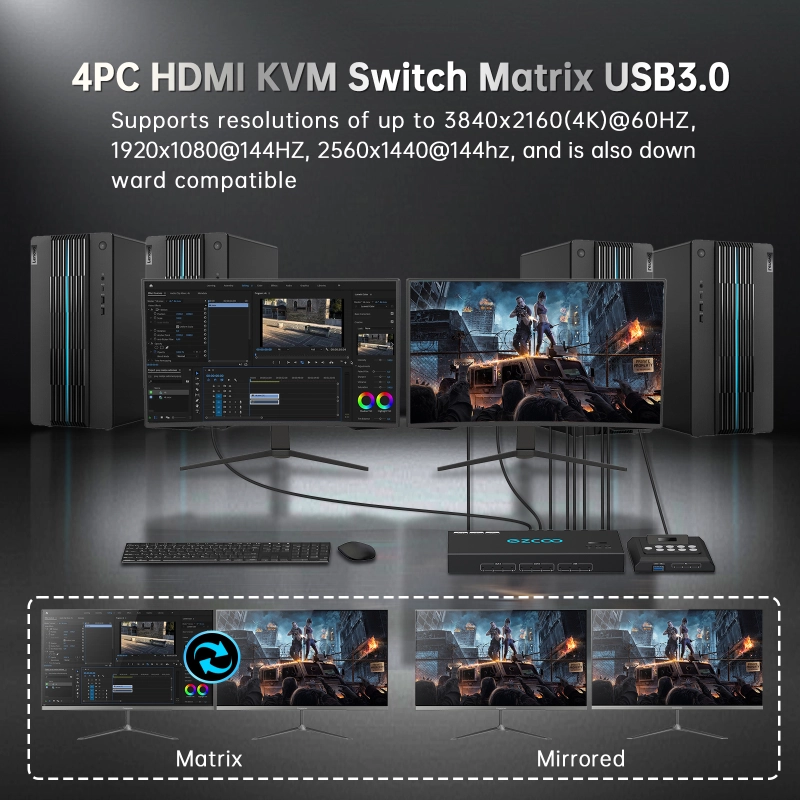 4K@60Hz HDMI 2.0 KVM Switch 4x1 for 4PC Share 2 Displays and 4 USB 3.0 Ports SPDIF L/R Audio，switch without changing the desktop layout.