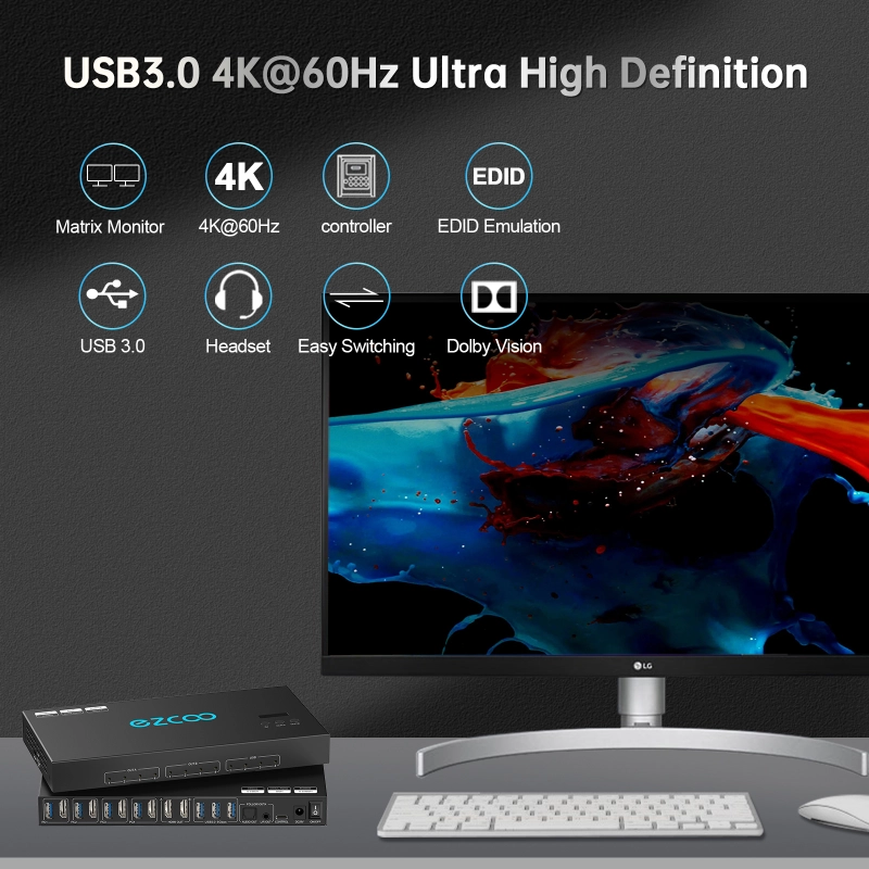 4K@60Hz HDMI 2.0 KVM Switch 4x1 for 4PC Share 2 Displays and 4 USB 3.0 Ports SPDIF L/R Audio，switch without changing the desktop layout.