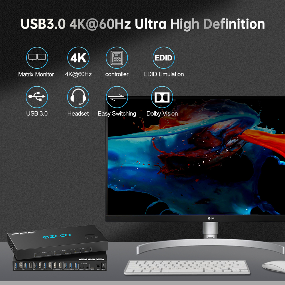 4K@60Hz HDMI 2.0 KVM Switch 4x1 for 4PC Share 2 Displays and 4 USB 3.0 Ports SPDIF L/R Audio，switch without changing the desktop layout.