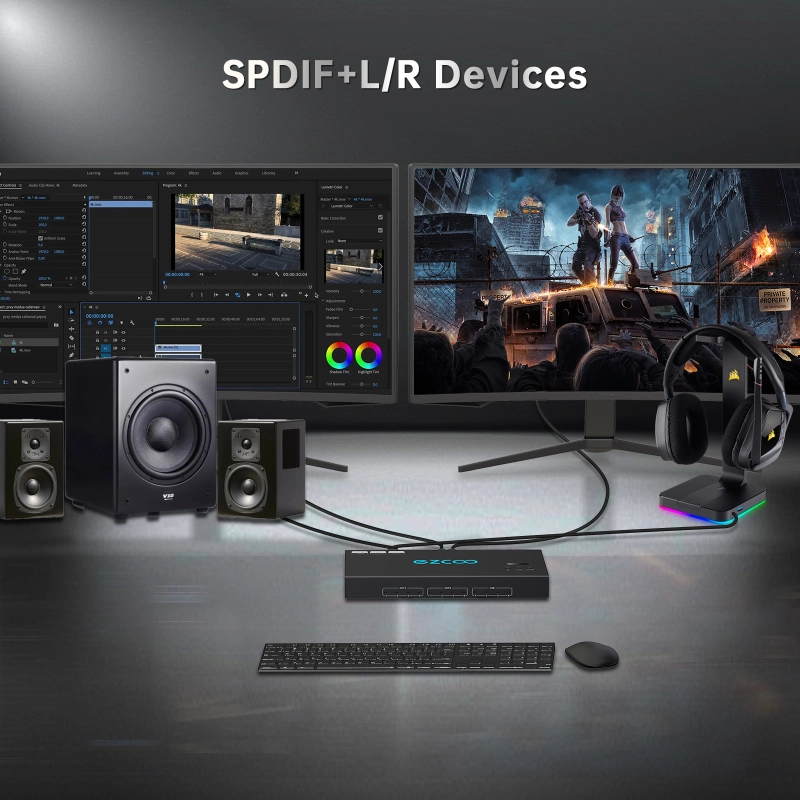 4K@60Hz HDMI 2.0 KVM Switch 4x1 for 4PC Share 2 Displays and 4 USB 3.0 Ports SPDIF L/R Audio，switch without changing the desktop layout.