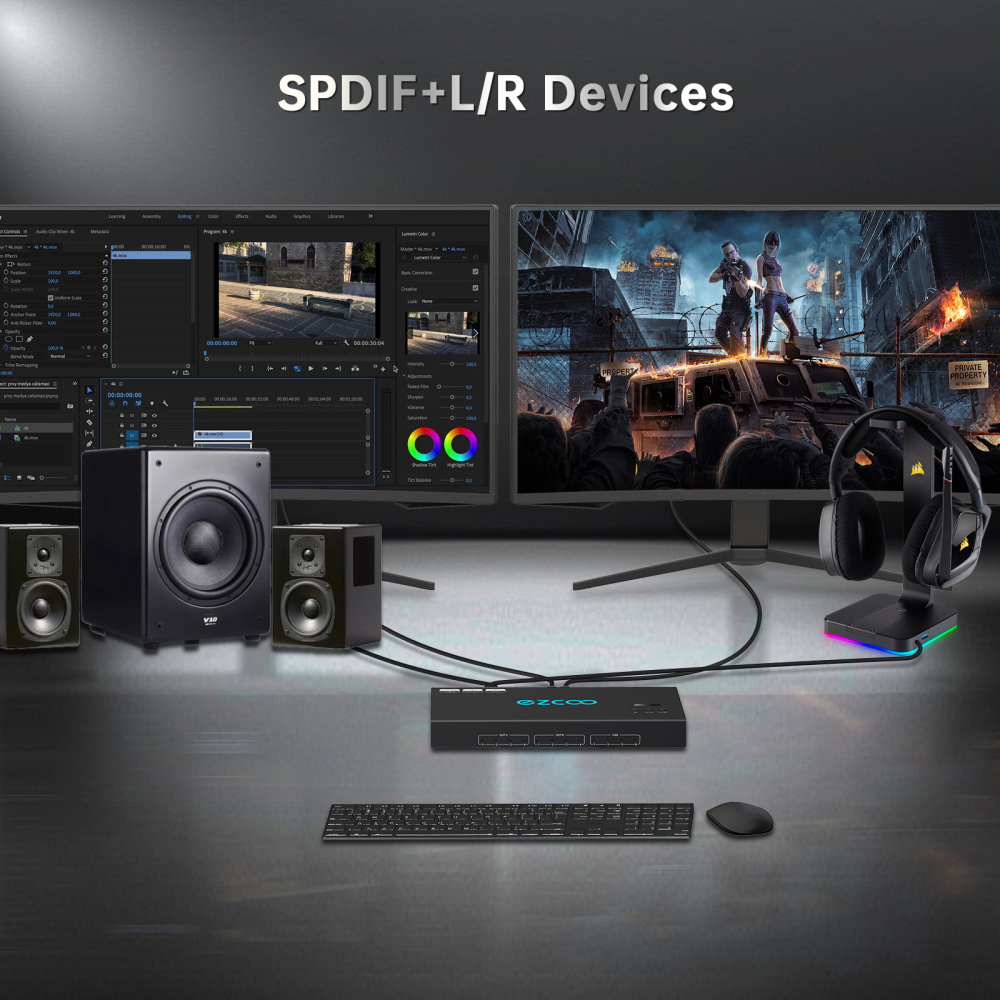 4K@60Hz HDMI 2.0 KVM Switch 4x1 for 4PC Share 2 Displays and 4 USB 3.0 Ports SPDIF L/R Audio，switch without changing the desktop layout.