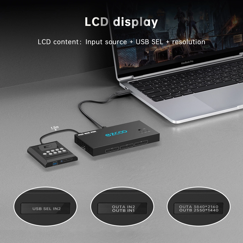 4K@60Hz HDMI 2.0 KVM Switch 4x1 for 4PC Share 2 Displays and 4 USB 3.0 Ports SPDIF L/R Audio，switch without changing the desktop layout.