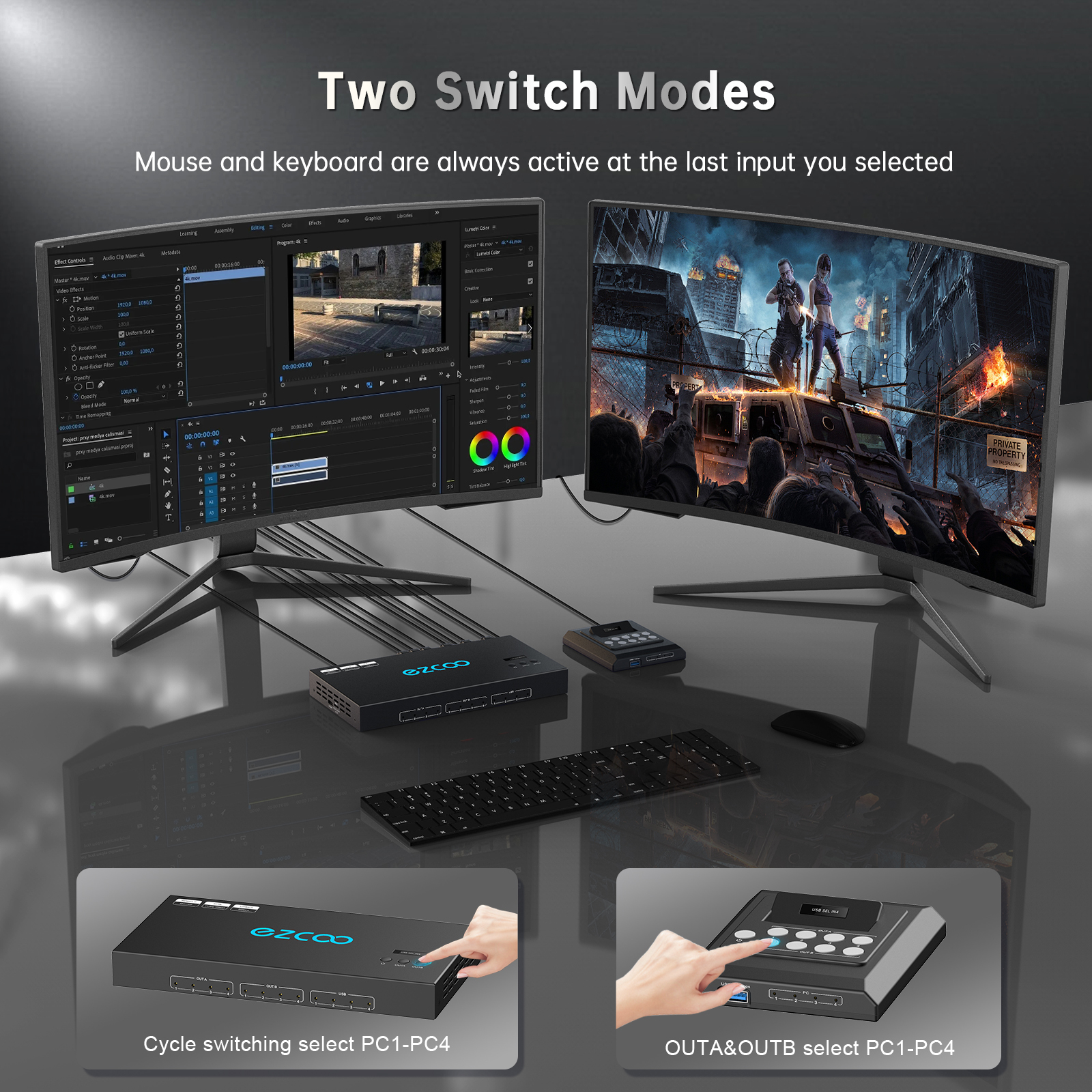 4K@60Hz HDMI 2.0 KVM Switch 4x1 for 4PC Share 2 Displays and 4 USB 3.0 Ports SPDIF L/R Audio，switch without changing the desktop layout.