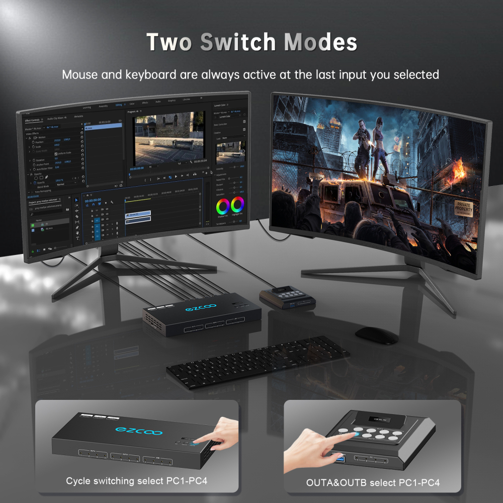 4K@60Hz HDMI 2.0 KVM Switch 4x1 for 4PC Share 2 Displays and 4 USB 3.0 Ports SPDIF L/R Audio，switch without changing the desktop layout.