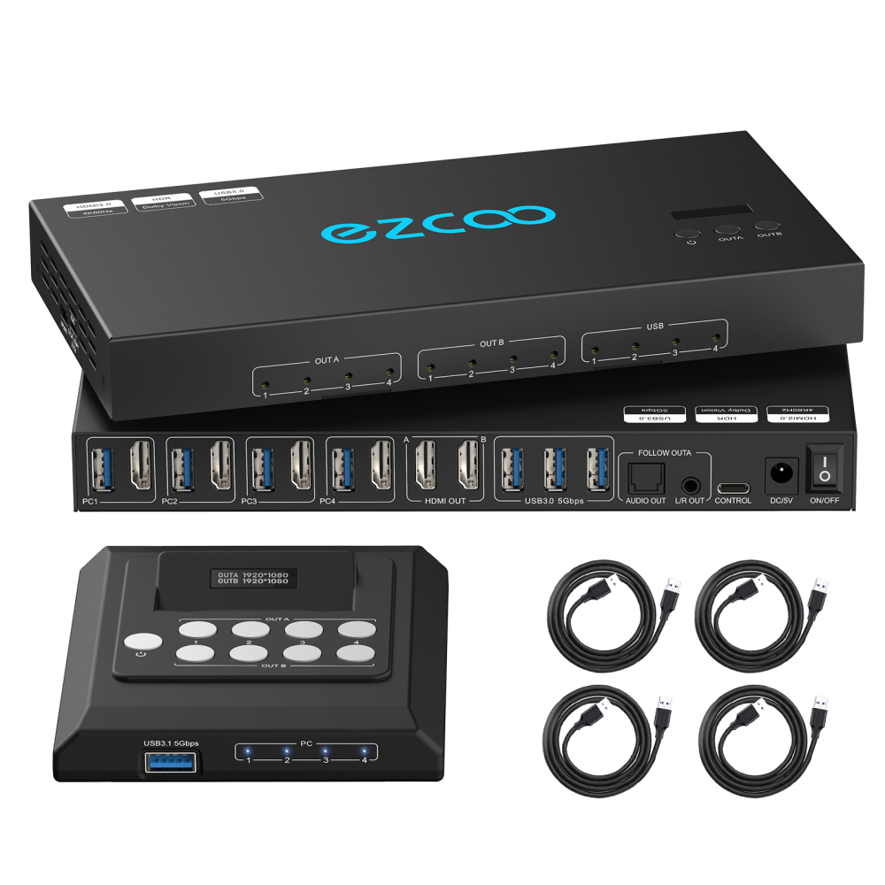 4K@60Hz HDMI 2.0 KVM Switch 4x1 for 4PC Share 2 Displays and 4 USB 3.0 Ports SPDIF L/R Audio，switch without changing the desktop layout.
