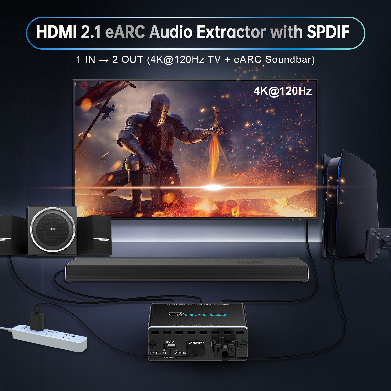 4K@120Hz HDMI 2.1 eARC Audio Extractor 1 in 1 Out Support VRR ALLM HDCP2.3 ARC eARC HDR CEC SPDlF Optical Audio Out Digital EDID