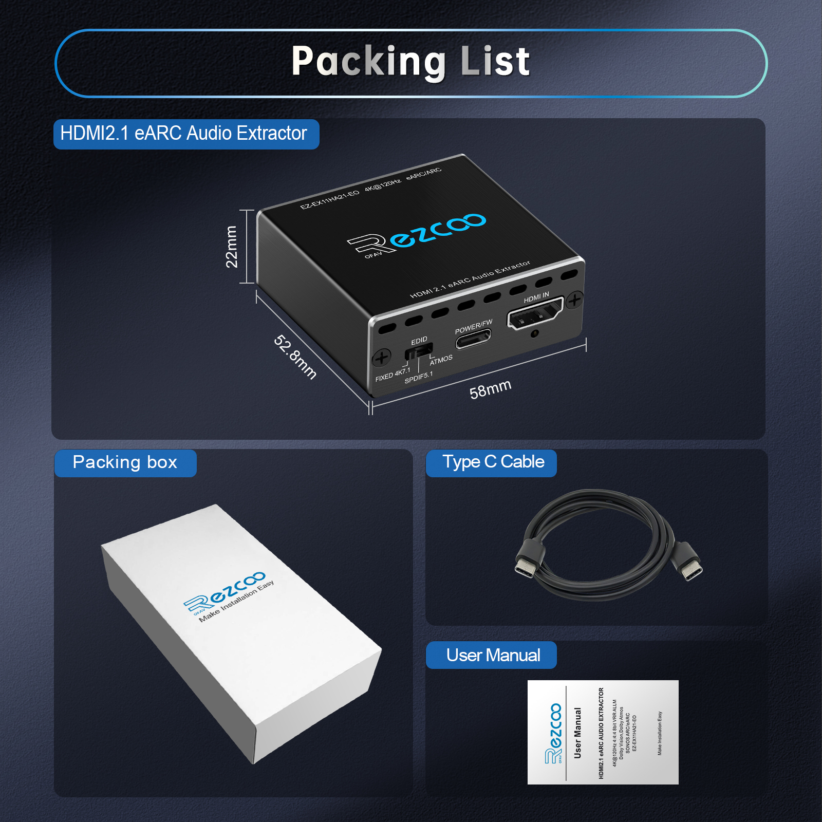 4K@120Hz HDMI 2.1 eARC Audio Extractor 1 in 1 Out Support VRR ALLM HDCP2.3 ARC eARC HDR CEC SPDlF Optical Audio Out Digital EDID