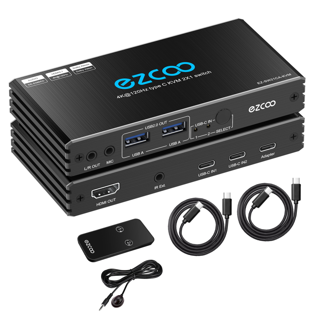 USB-C 8K HDMI KVM Switch 2x1, 4K 120Hz HDMI 2.1 KVM Type C KVM Switcher IR Remote L/R Audio Out, 2 USB-C IN 1 HDMI OUT, USB-C PD power on USB-C devices ezcoo