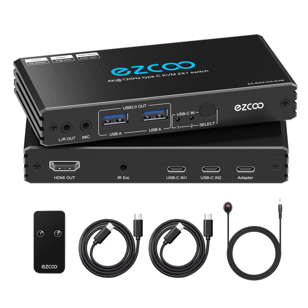 USB-C 8K HDMI KVM Switch 2x1, 4K 120Hz HDMI 2.1 KVM Type C KVM Switcher IR Remote L/R Audio Out, 2 USB-C IN 1 HDMI OUT, USB-C PD power on USB-C devices ezcoo