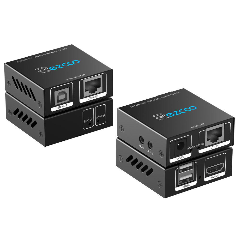 HDMI KVM Extender 165ft 50m by Cat5e/ 6/7 Ethernet cable, HDMI 1080P 60Hz USB 2.0 2 ports L/R Stereo 3.5mm Mic In, Plug & Play supports Windows iOS ezcoo