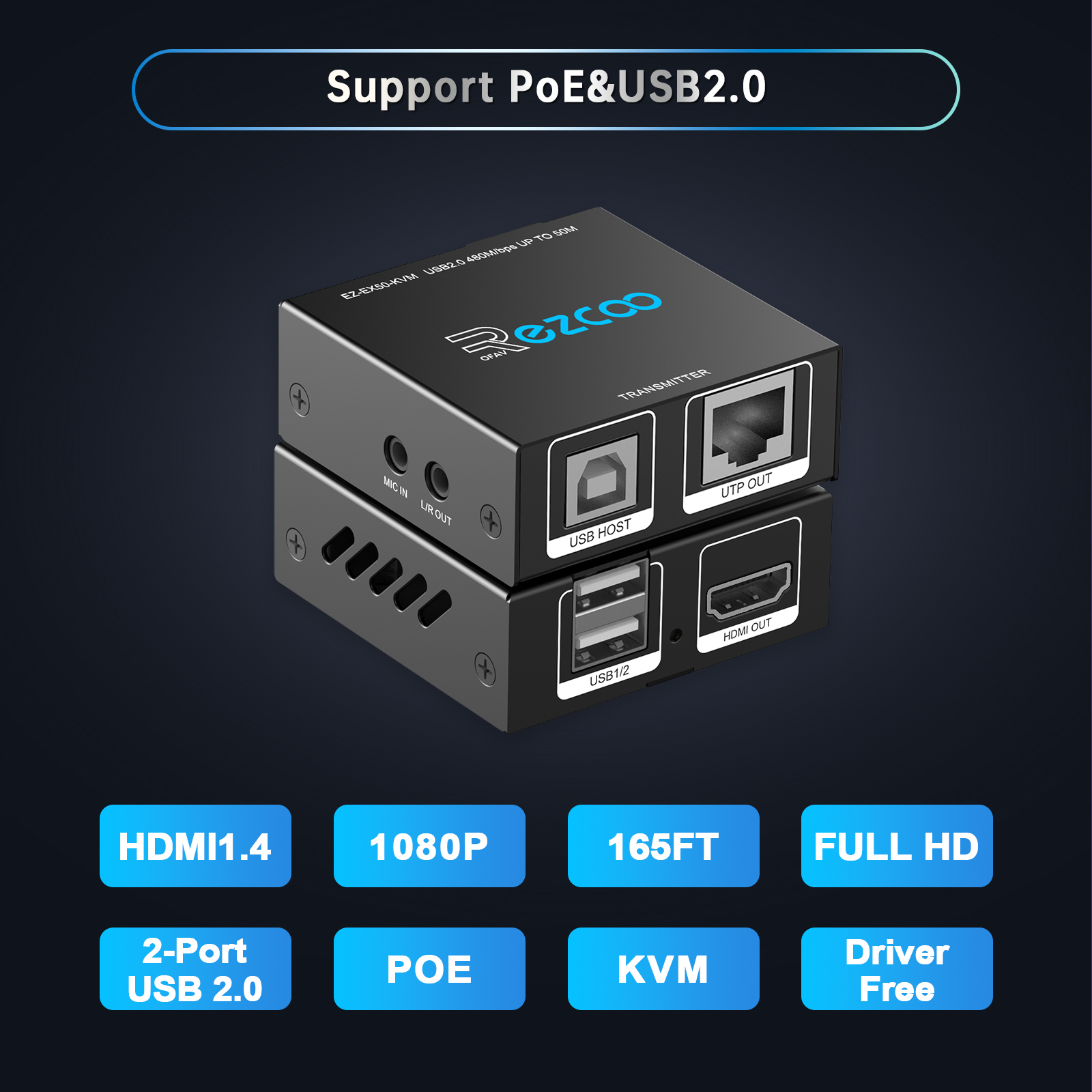 HDMI KVM Extender 165ft 50m by Cat5e/ 6/7 Ethernet cable, HDMI 1080P 60Hz USB 2.0 2 ports L/R Stereo 3.5mm Mic In, Plug & Play supports Windows iOS ezcoo
