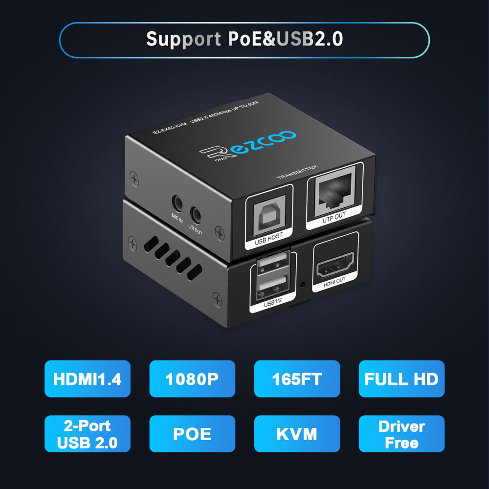 HDMI KVM Extender 165ft 50m by Cat5e/ 6/7 Ethernet cable, HDMI 1080P 60Hz USB 2.0 2 ports L/R Stereo 3.5mm Mic In, Plug & Play supports Windows iOS ezcoo