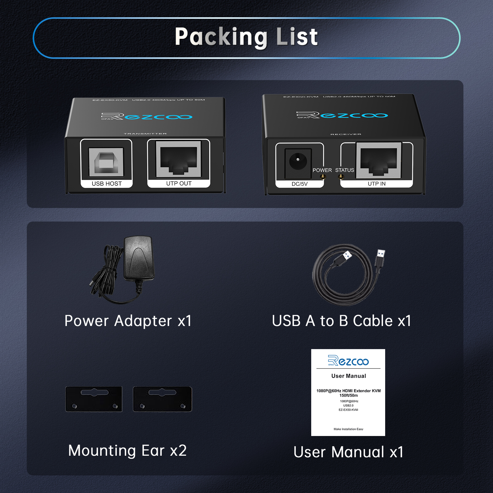 HDMI KVM Extender 165ft 50m by Cat5e/ 6/7 Ethernet cable, HDMI 1080P 60Hz USB 2.0 2 ports L/R Stereo 3.5mm Mic In, Plug & Play supports Windows iOS ezcoo