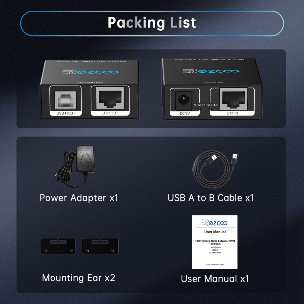 HDMI KVM Extender 165ft 50m by Cat5e/ 6/7 Ethernet cable, HDMI 1080P 60Hz USB 2.0 2 ports L/R Stereo 3.5mm Mic In, Plug & Play supports Windows iOS ezcoo