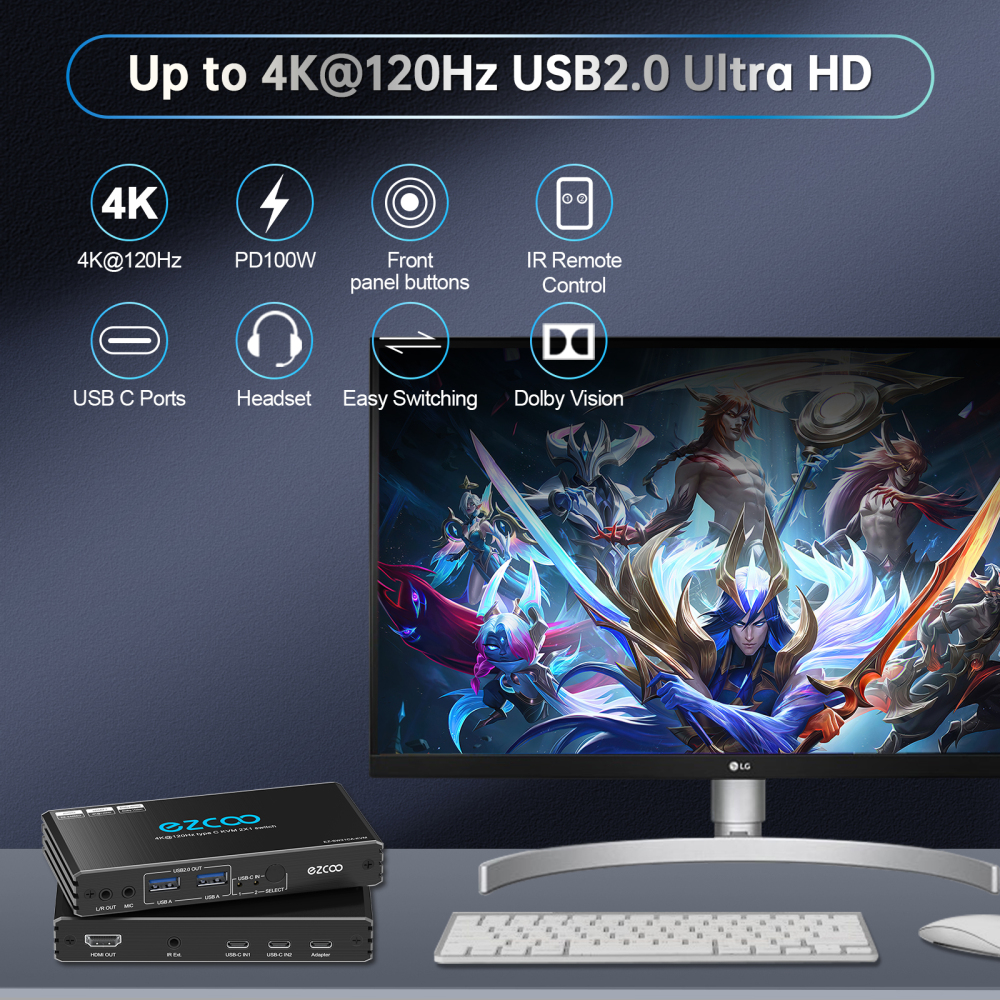 USB-C 8K HDMI KVM Switch 2x1, 4K 120Hz HDMI 2.1 KVM Type C KVM Switcher IR Remote L/R Audio Out, 2 USB-C IN 1 HDMI OUT, USB-C PD power on USB-C devices ezcoo