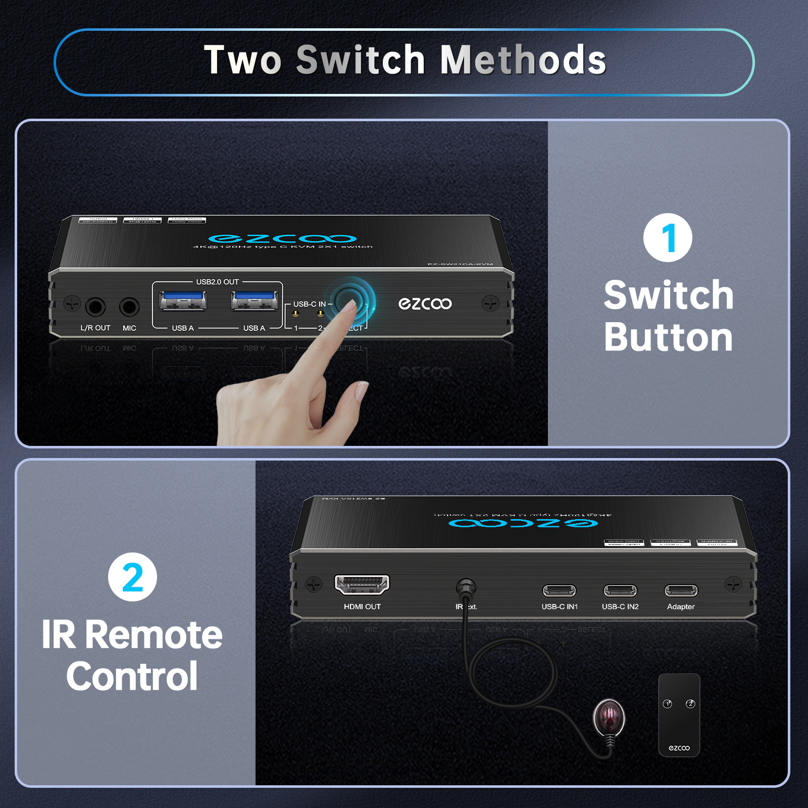 USB-C 8K HDMI KVM Switch 2x1, 4K 120Hz HDMI 2.1 KVM Type C KVM Switcher IR Remote L/R Audio Out, 2 USB-C IN 1 HDMI OUT, USB-C PD power on USB-C devices ezcoo
