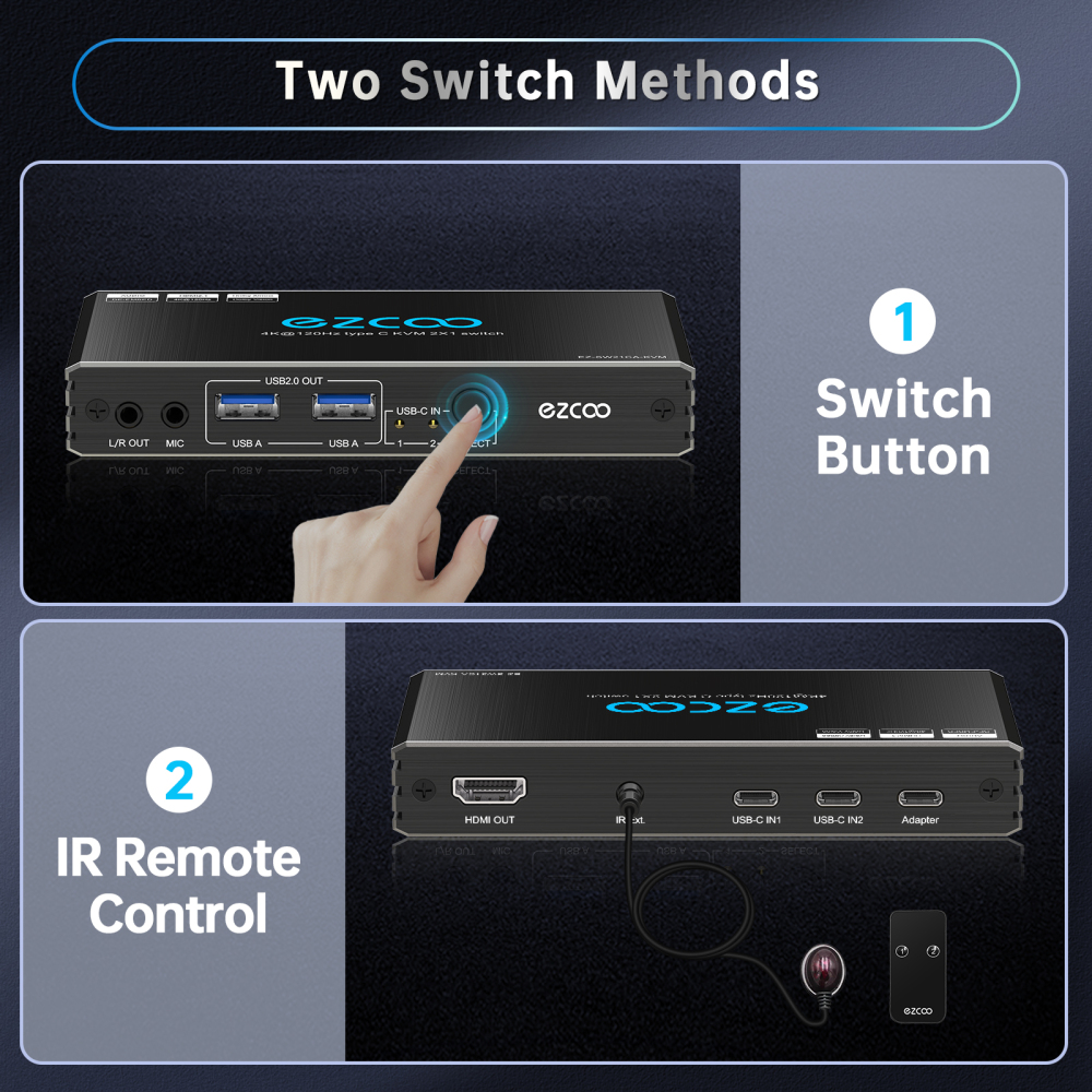 USB-C 8K HDMI KVM Switch 2x1, 4K 120Hz HDMI 2.1 KVM Type C KVM Switcher IR Remote L/R Audio Out, 2 USB-C IN 1 HDMI OUT, USB-C PD power on USB-C devices ezcoo