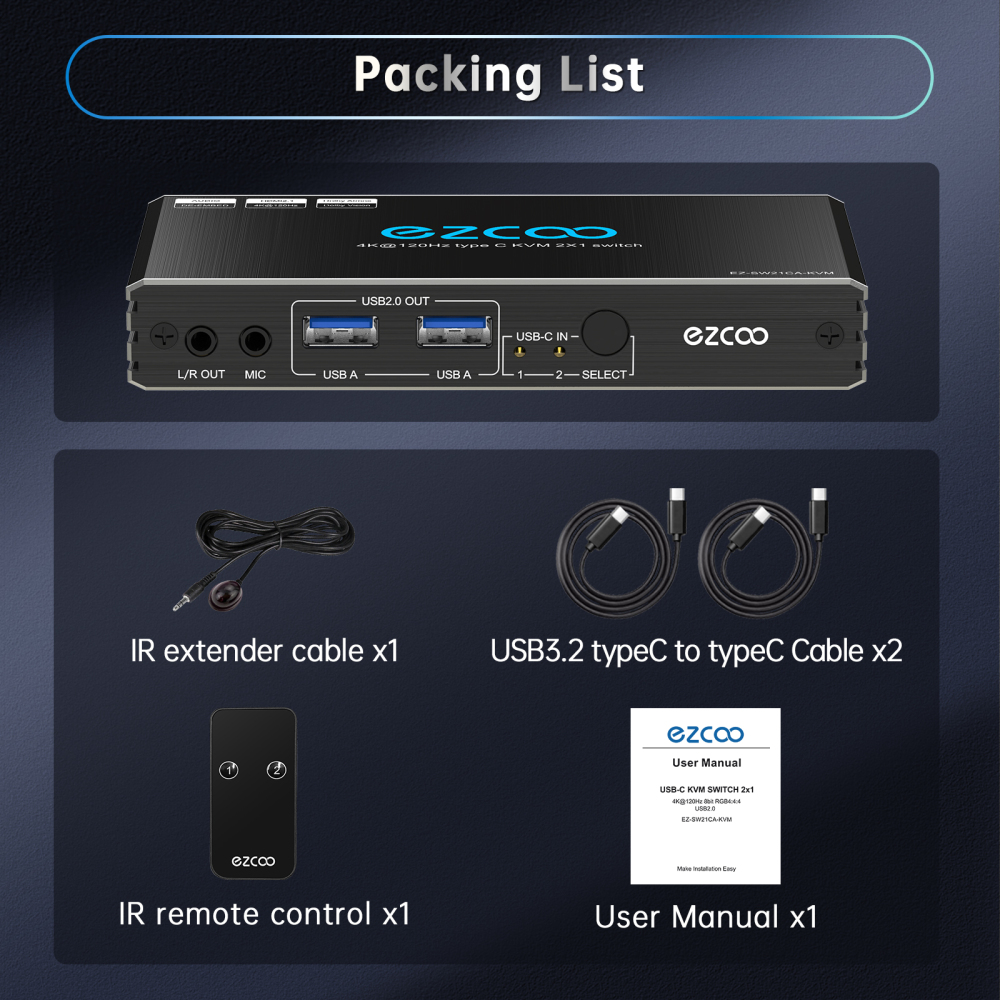 USB-C 8K HDMI KVM Switch 2x1, 4K 120Hz HDMI 2.1 KVM Type C KVM Switcher IR Remote L/R Audio Out, 2 USB-C IN 1 HDMI OUT, USB-C PD power on USB-C devices ezcoo