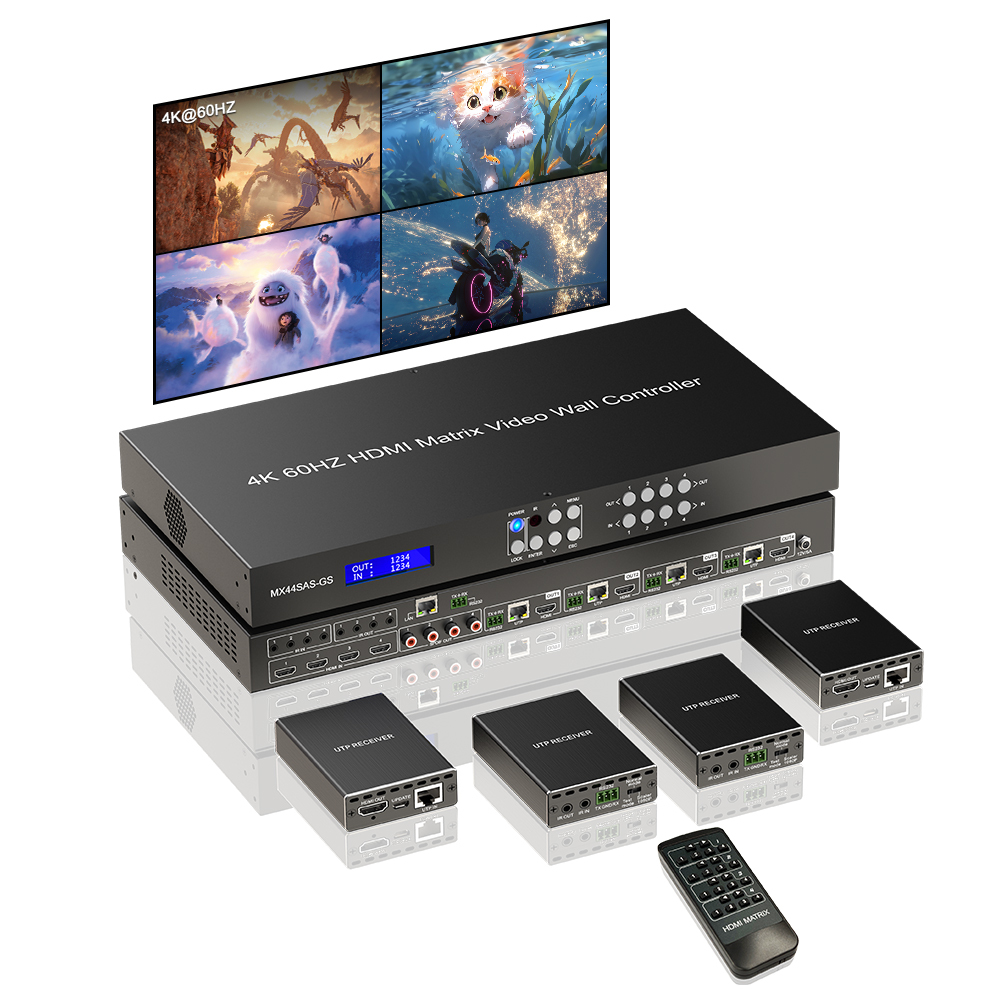 4K HDMI Seamless Video Wall HDMI Matrix 4x4 Video Wall with Lan Extend 70m 230ft PIP, 12 modes Video Wall EDID, RS232 IP/ Web PC GUI control, HDMI 4 IN 4 OUT 4K 60Hz Coaxial Audio Breakout with IR Remote ezcoo