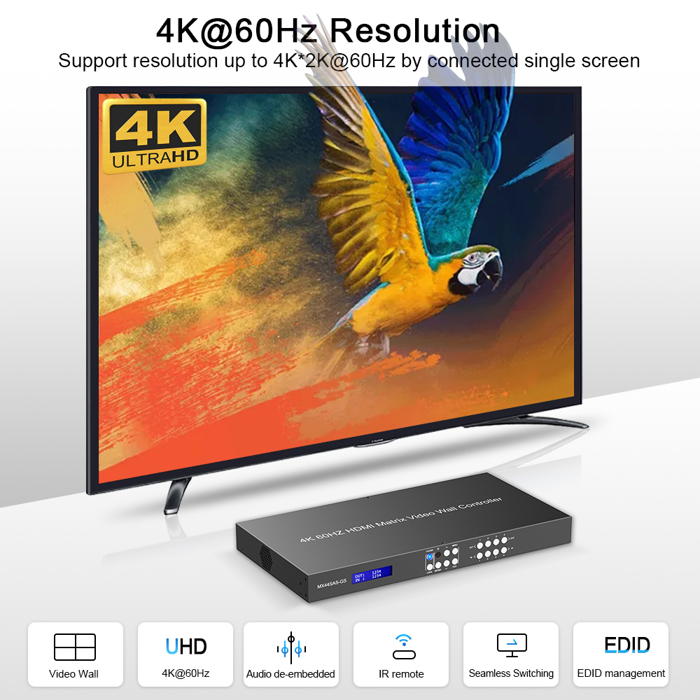 4K HDMI Seamless Video Wall HDMI Matrix 4x4 Video Wall with Lan Extend 70m 230ft PIP, 12 modes Video Wall EDID, RS232 IP/ Web PC GUI control, HDMI 4 IN 4 OUT 4K 60Hz Coaxial Audio Breakout with IR Remote ezcoo
