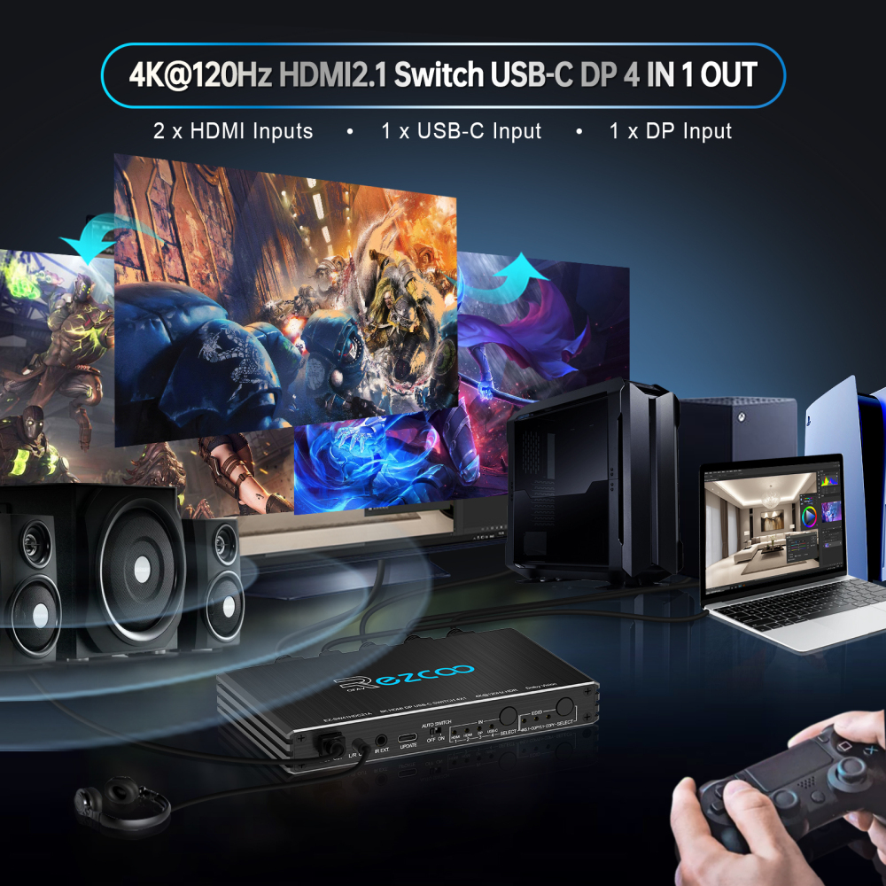 8K HDMI DP USB-C Switch 4 IN 1 OUT, SPDIF L/R Audio Extractor, Auto Switch ON/OFF, USB-C supports PD Video, 4K 120Hz HDMI 2.1 Switch Dolby Vision VRR ALLM HDCP 2.3 Dolby Atmos EDID DIP Switch with IR Remote ezcoo