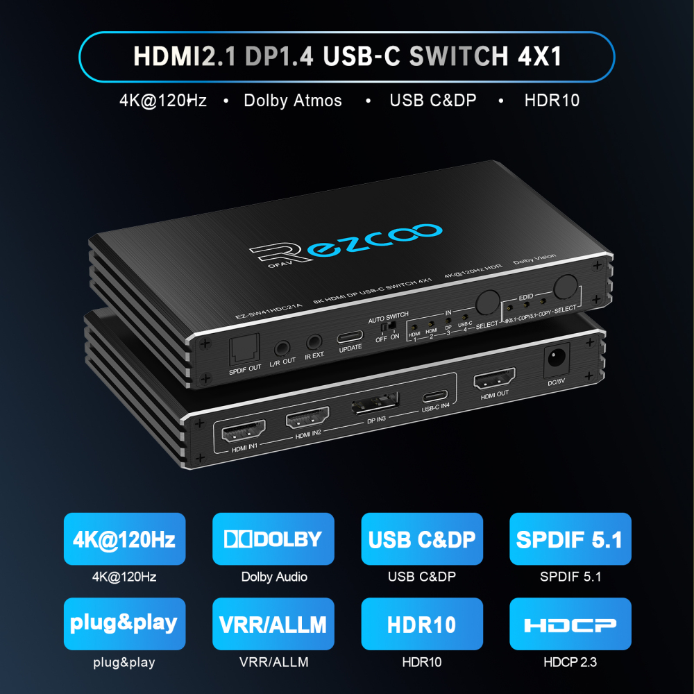8K HDMI DP USB-C Switch 4 IN 1 OUT, SPDIF L/R Audio Extractor, Auto Switch ON/OFF, USB-C supports PD Video, 4K 120Hz HDMI 2.1 Switch Dolby Vision VRR ALLM HDCP 2.3 Dolby Atmos EDID DIP Switch with IR Remote ezcoo