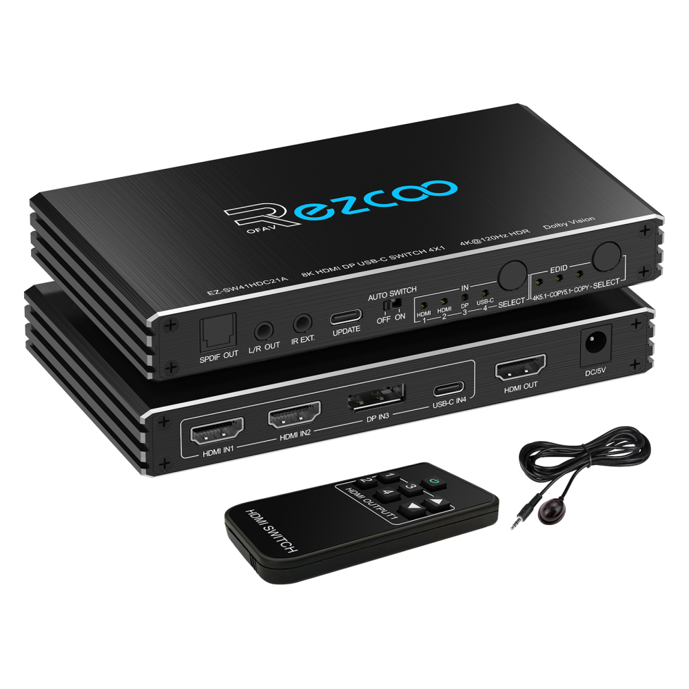 8K HDMI DP USB-C Switch 4 IN 1 OUT, SPDIF L/R Audio Extractor, Auto Switch ON/OFF, USB-C supports PD Video, 4K 120Hz HDMI 2.1 Switch Dolby Vision VRR ALLM HDCP 2.3 Dolby Atmos EDID DIP Switch with IR Remote ezcoo