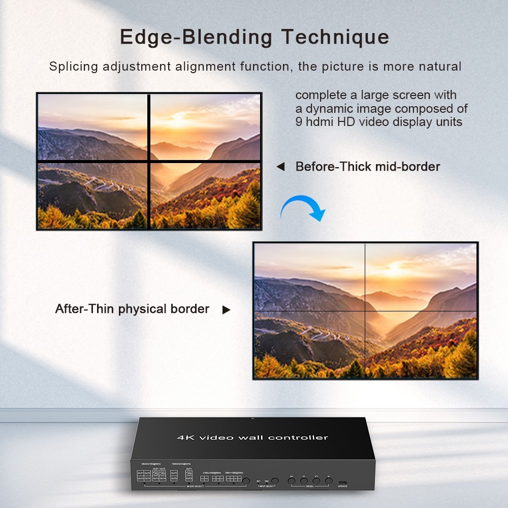 4K HDMI Seamless Video Wall HDMI Matrix 2x4 , 5 modes Video Wall EDID, RS232 IP/ Web PC GUI control, HDMI 2 IN 4 OUT 4K 60Hz Coaxial Audio Breakout ezcoo