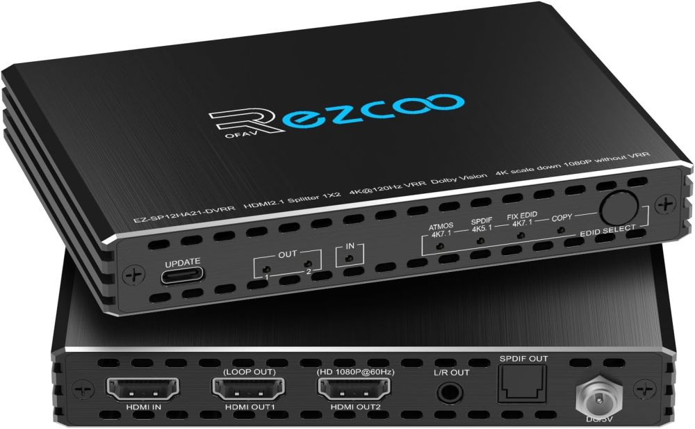 HDMI 2.1 Splitter 1 in 2 Out 4K @ 120Hz VRR ALLM Dolby Vision Atmos HDCP 2.3 1x2 HDMI Splitter with Optical & L/R Audio Out, EDID Management, 4K120 Downscale to 1080P60