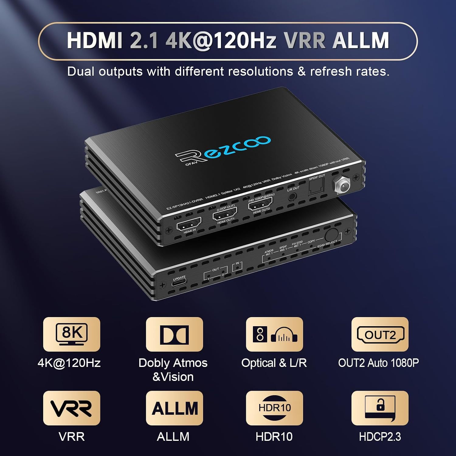 HDMI 2.1 Splitter 1 in 2 Out 4K @ 120Hz VRR ALLM Dolby Vision Atmos HDCP 2.3 1x2 HDMI Splitter with Optical & L/R Audio Out, EDID Management, 4K120 Downscale to 1080P60