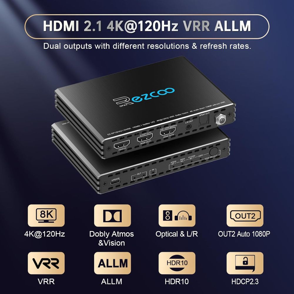 HDMI 2.1 Splitter 1 in 2 Out 4K @ 120Hz VRR ALLM Dolby Vision Atmos HDCP 2.3 1x2 HDMI Splitter with Optical & L/R Audio Out, EDID Management, 4K120 Downscale to 1080P60