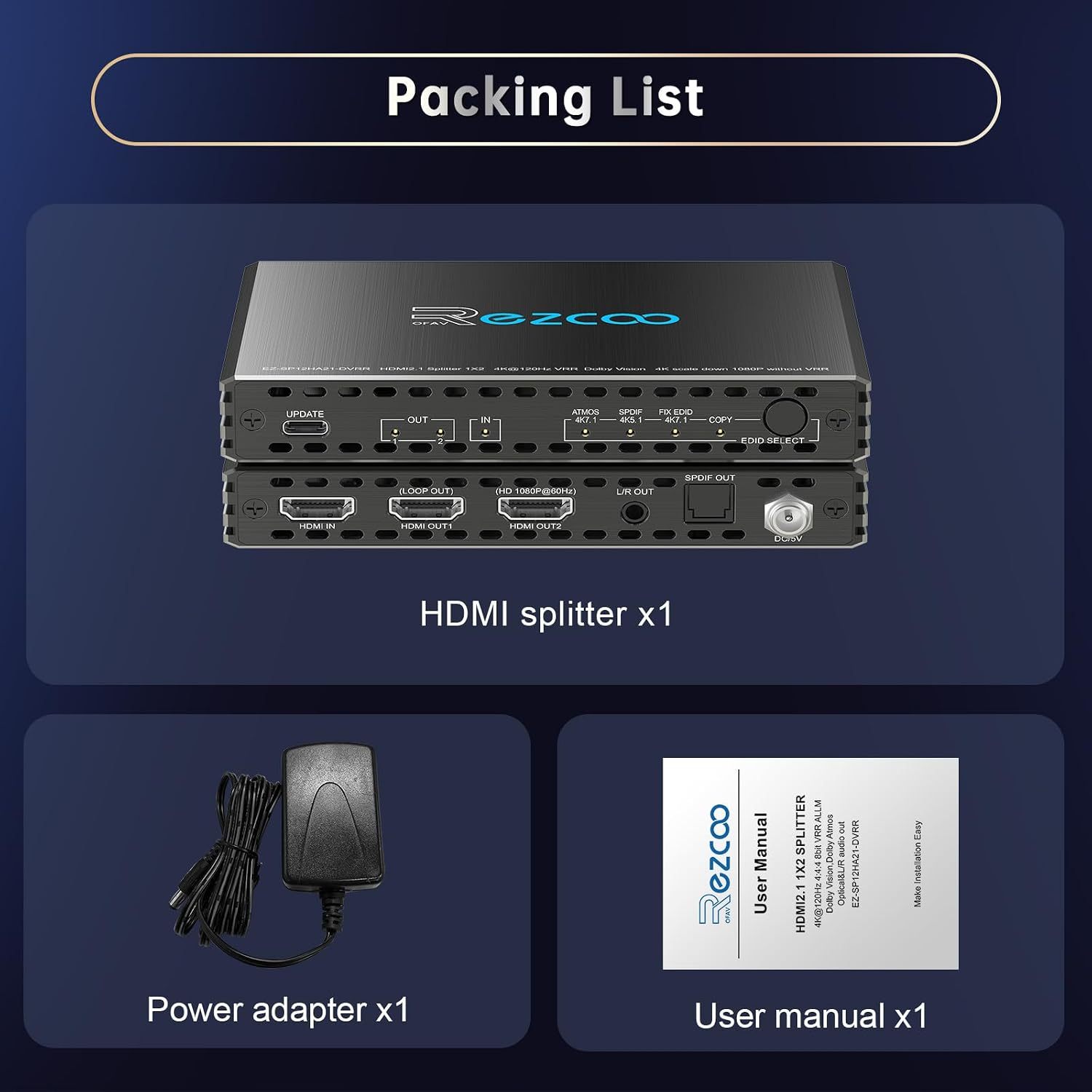 HDMI 2.1 Splitter 1 in 2 Out 4K @ 120Hz VRR ALLM Dolby Vision Atmos HDCP 2.3 1x2 HDMI Splitter with Optical & L/R Audio Out, EDID Management, 4K120 Downscale to 1080P60