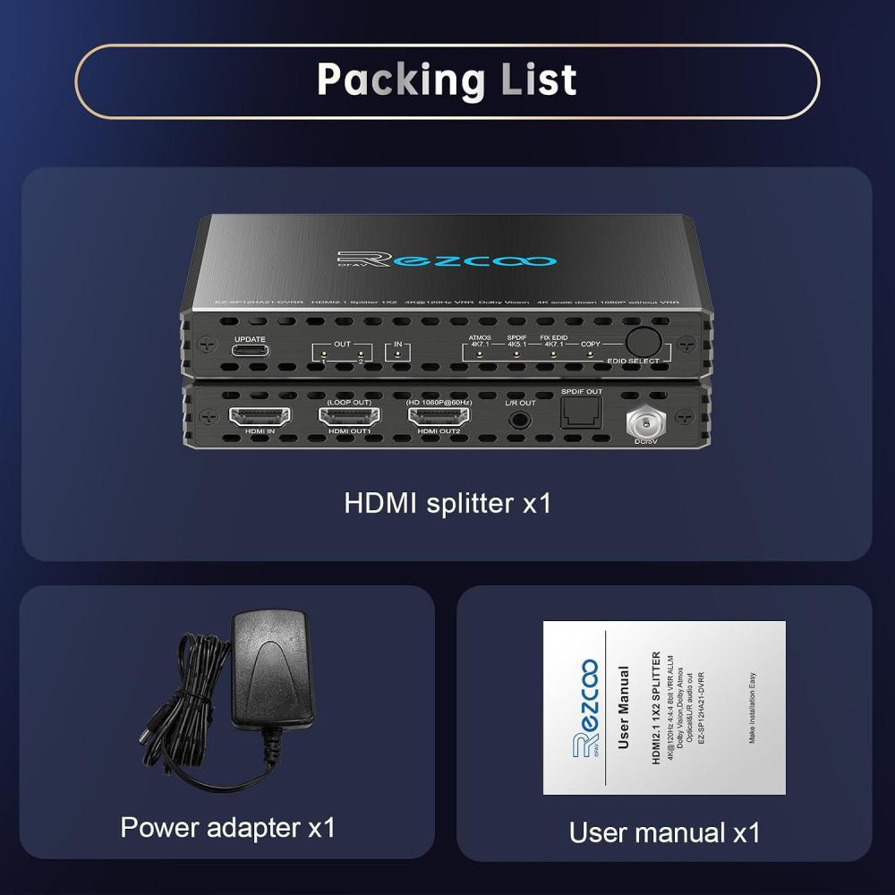 HDMI 2.1 Splitter 1 in 2 Out 4K @ 120Hz VRR ALLM Dolby Vision Atmos HDCP 2.3 1x2 HDMI Splitter with Optical & L/R Audio Out, EDID Management, 4K120 Downscale to 1080P60