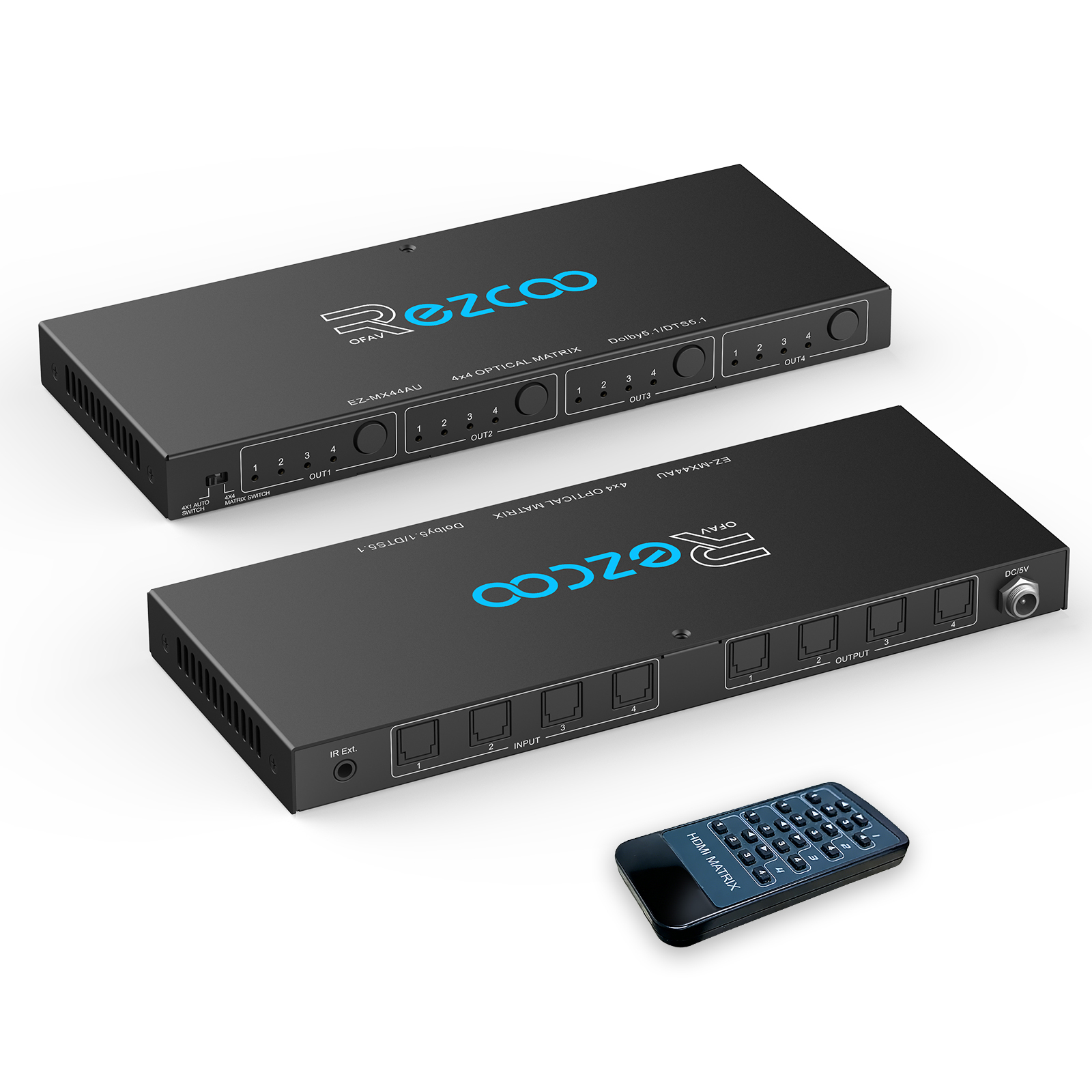 SPDIF Optical Audio 4x4 Matrix, Supports Dolby 5.1/DTS 5.1, 4 in 4 Out Fiber Optic Audio Switcher with IR Control & Auto Switch