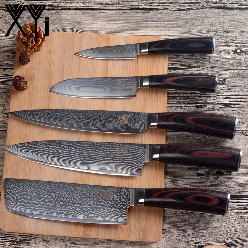 XYj Brand Damascus Kitchen Knives 5 Pcs Set High Quality 73 Layers VG10 Japanese Steel Blade Color Wood Handle Cooking Knives
