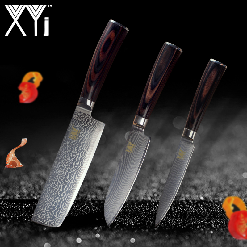 XYj Kitchen Knife Damascus Knives VG10 Core 3 Pcs Set Color Wood Handle Japanese Damascus Steel Kitchen Tools