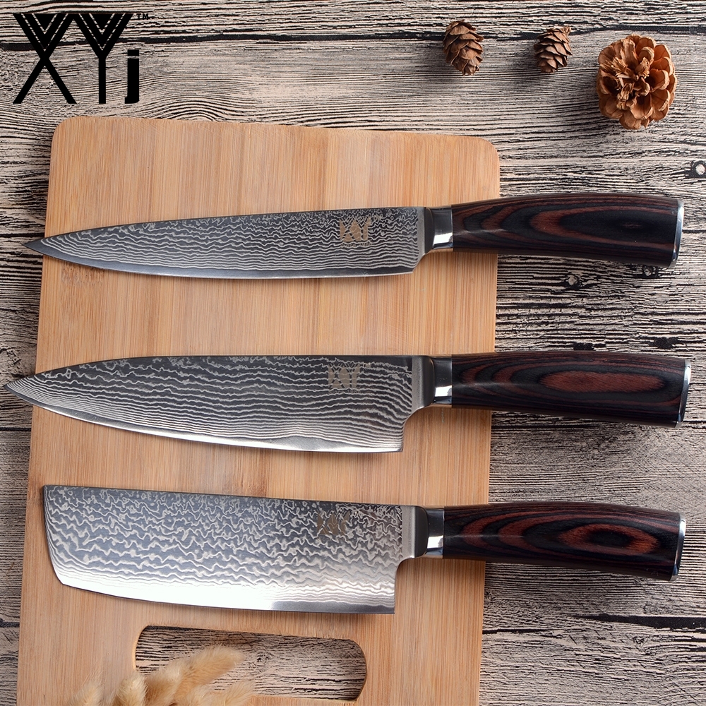 XYj Brand 67 Layers VG10 Damascus Steel Knife 3 Pcs Set Color Wood Handle Japanese Steel Kitchen Knife Ultra-thin Blade Cooking Knives Set