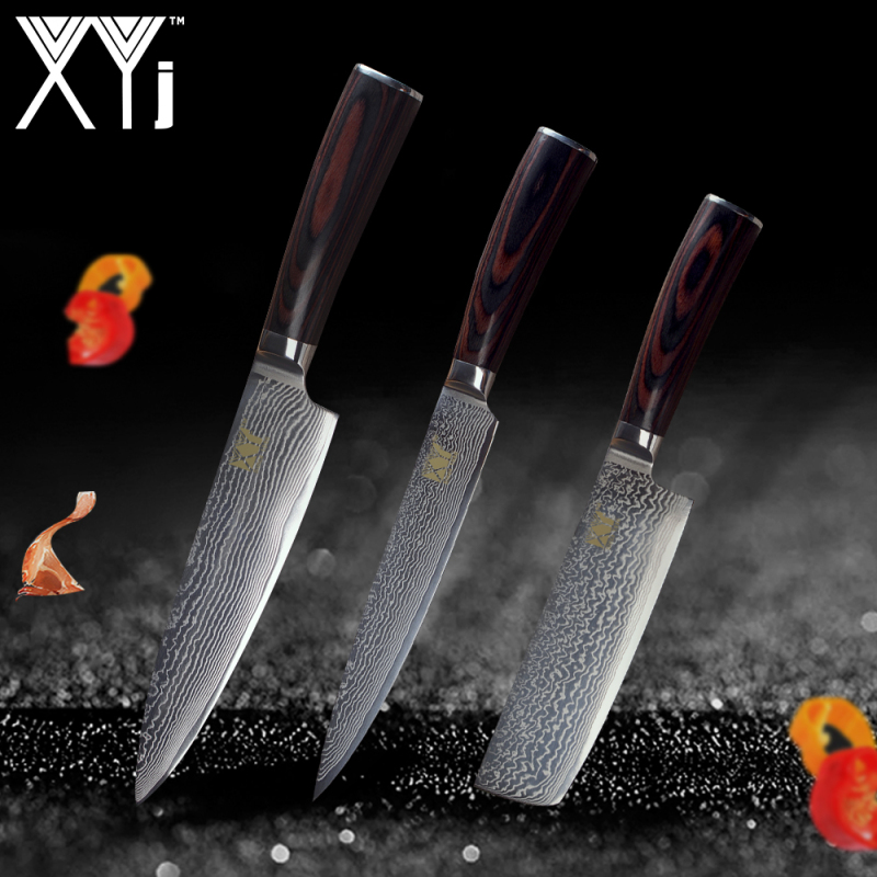 XYj Brand 67 Layers VG10 Damascus Steel Knife 3 Pcs Set Color Wood Handle Japanese Steel Kitchen Knife Ultra-thin Blade Cooking Knives Set