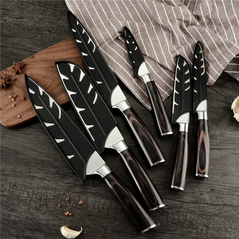 XYj 6 pcs Black ABS Plastic Kitchen Knife Stainless Steel Knife Blade Protector Set For 3.5 5 7 8 8 8 inches Knife Sheath Cover
