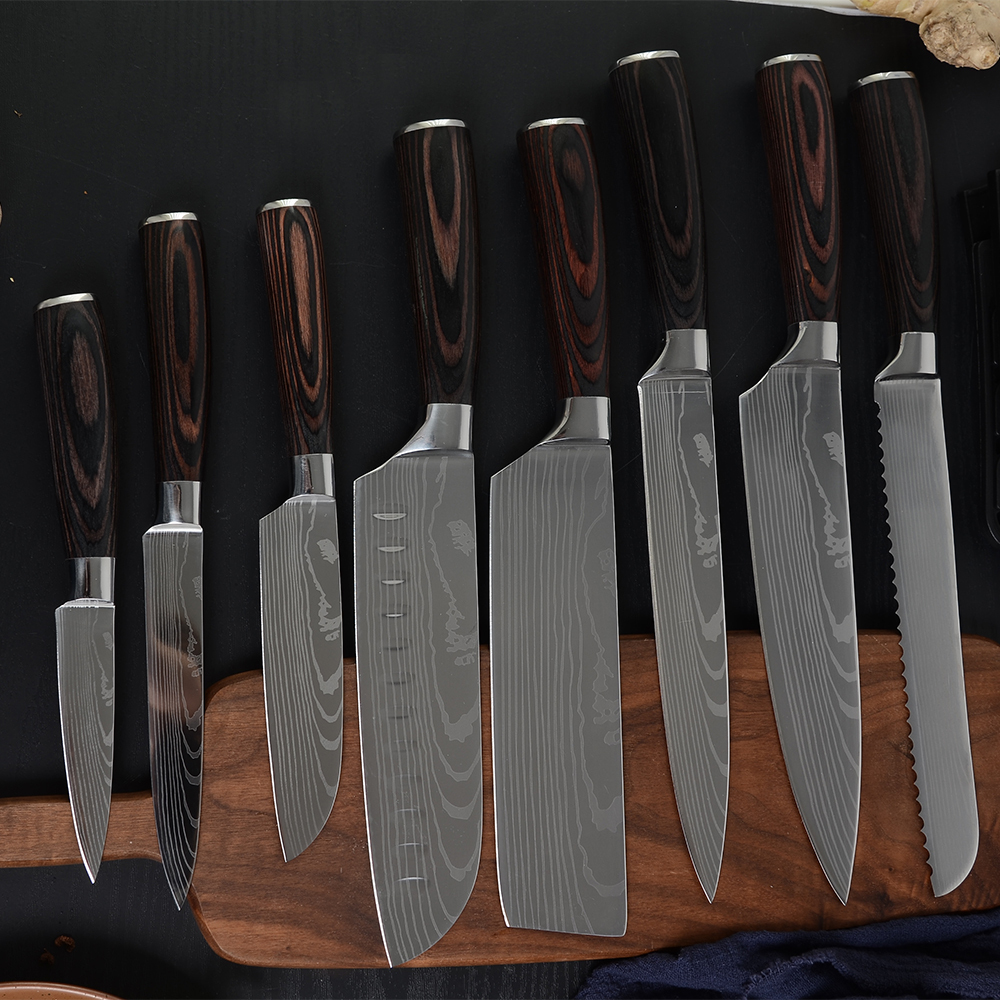 XYj 9pcs Kitchen Knife Set German 440C 7Cr17mov High Carbon Stainless Steel Chef Santoku Cleaver Bread Utility Paring Slicing Laser Damascus Pattern